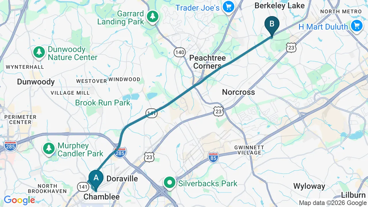 Driving directions map from Chamblee, GA to Hans Chiropractic & Injury Center in Norcross