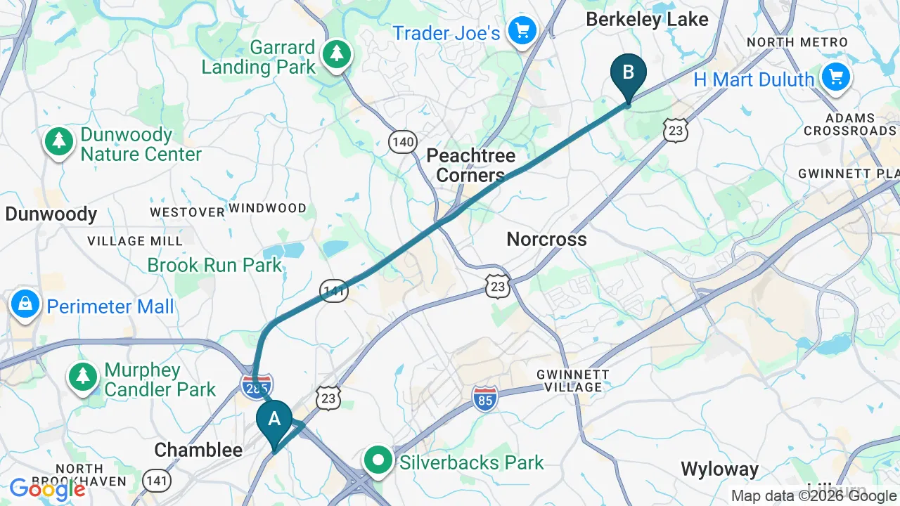 Driving directions map from Doraville, GA to Hans Chiropractic & Injury Center in Norcross