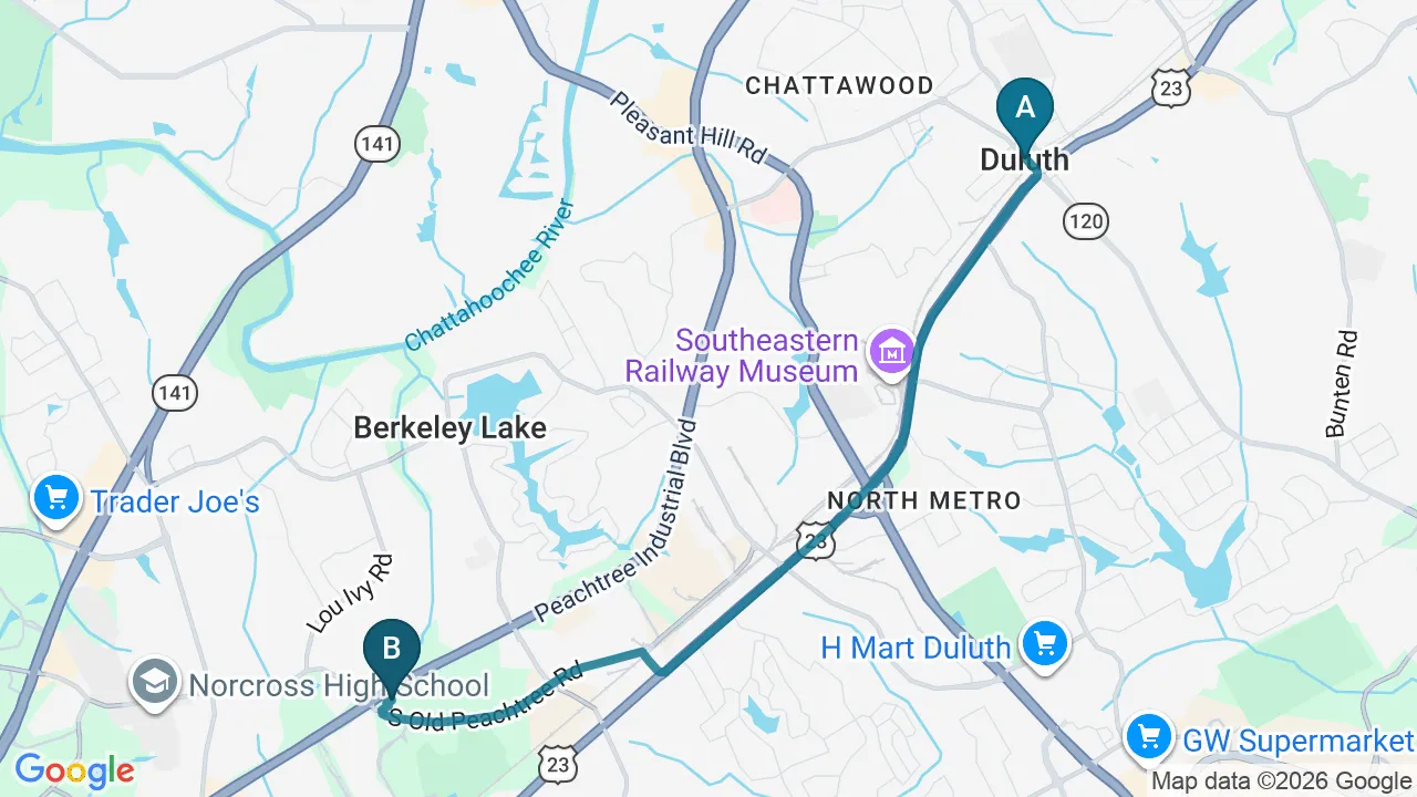 Driving directions map from Duluth, GA to Hans Chiropractic & Injury Center in Norcross