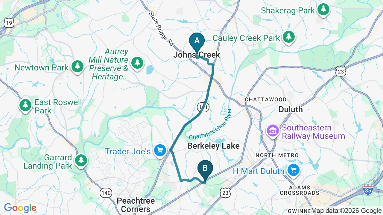 Driving directions map from Johns Creek, GA to Hans Chiropractic & Injury Center in Norcross