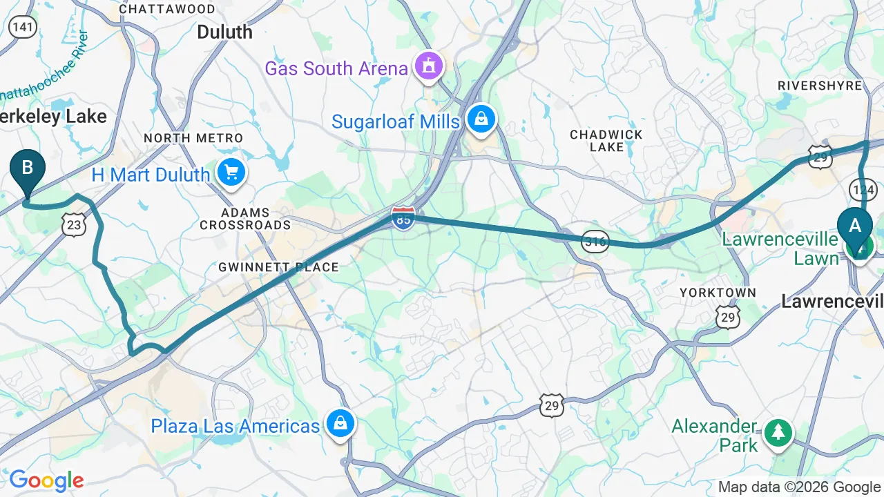 Driving directions map from Lawrenceville, GA to Hans Chiropractic & Injury Center in Norcross