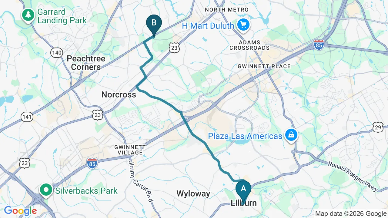 Driving directions map from Lilburn, GA to Hans Chiropractic & Injury Center in Norcross