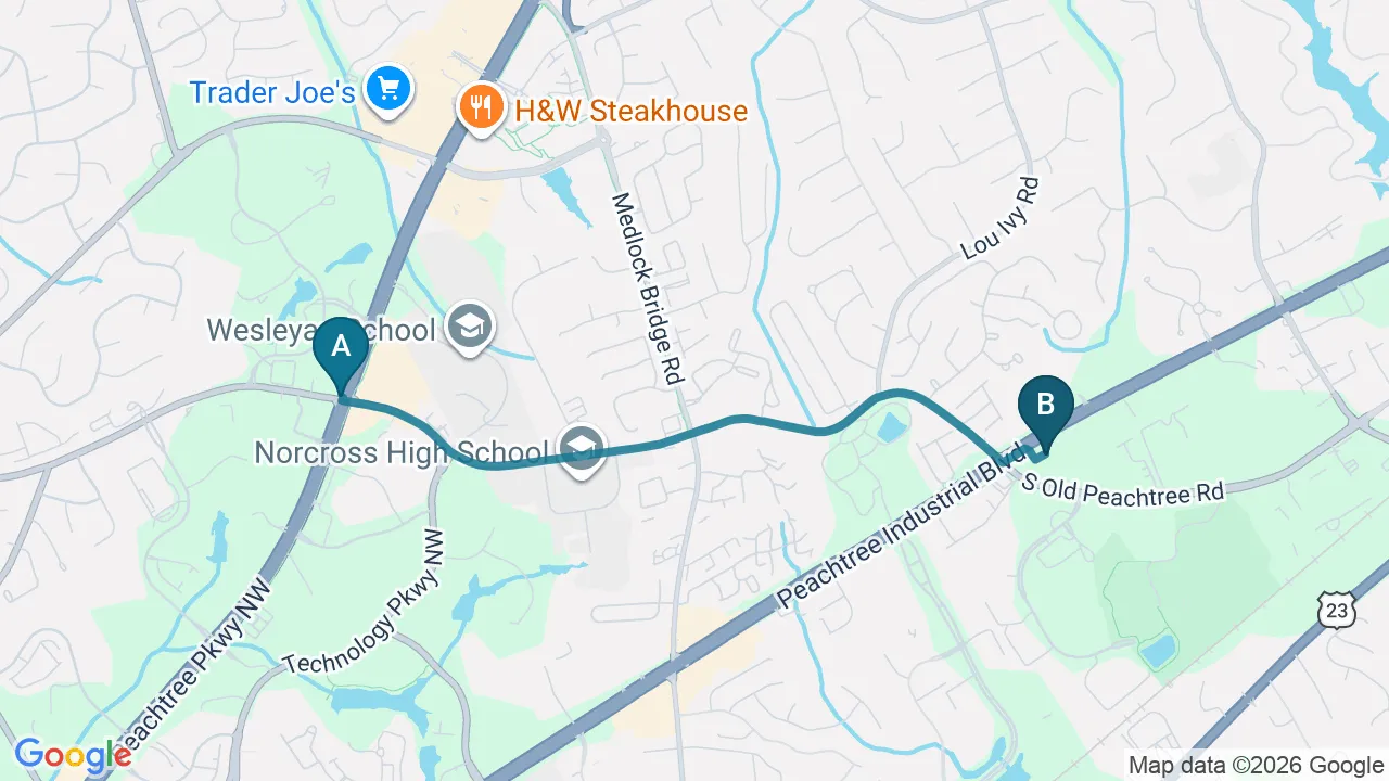 Driving directions map from Peachtree Corners, GA to Hans Chiropractic & Injury Center in Norcross
