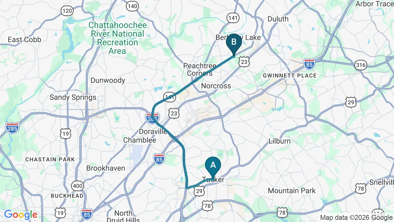 Driving directions map from Tucker, GA to Hans Chiropractic & Injury Center in Norcross