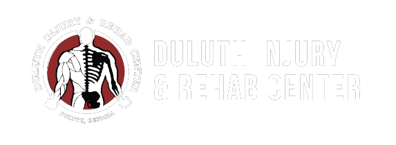 Logo of duluth injury & rehab center featuring a skeleton illustration, with text emphasizing injury and rehabilitation services in duluth, georgia.