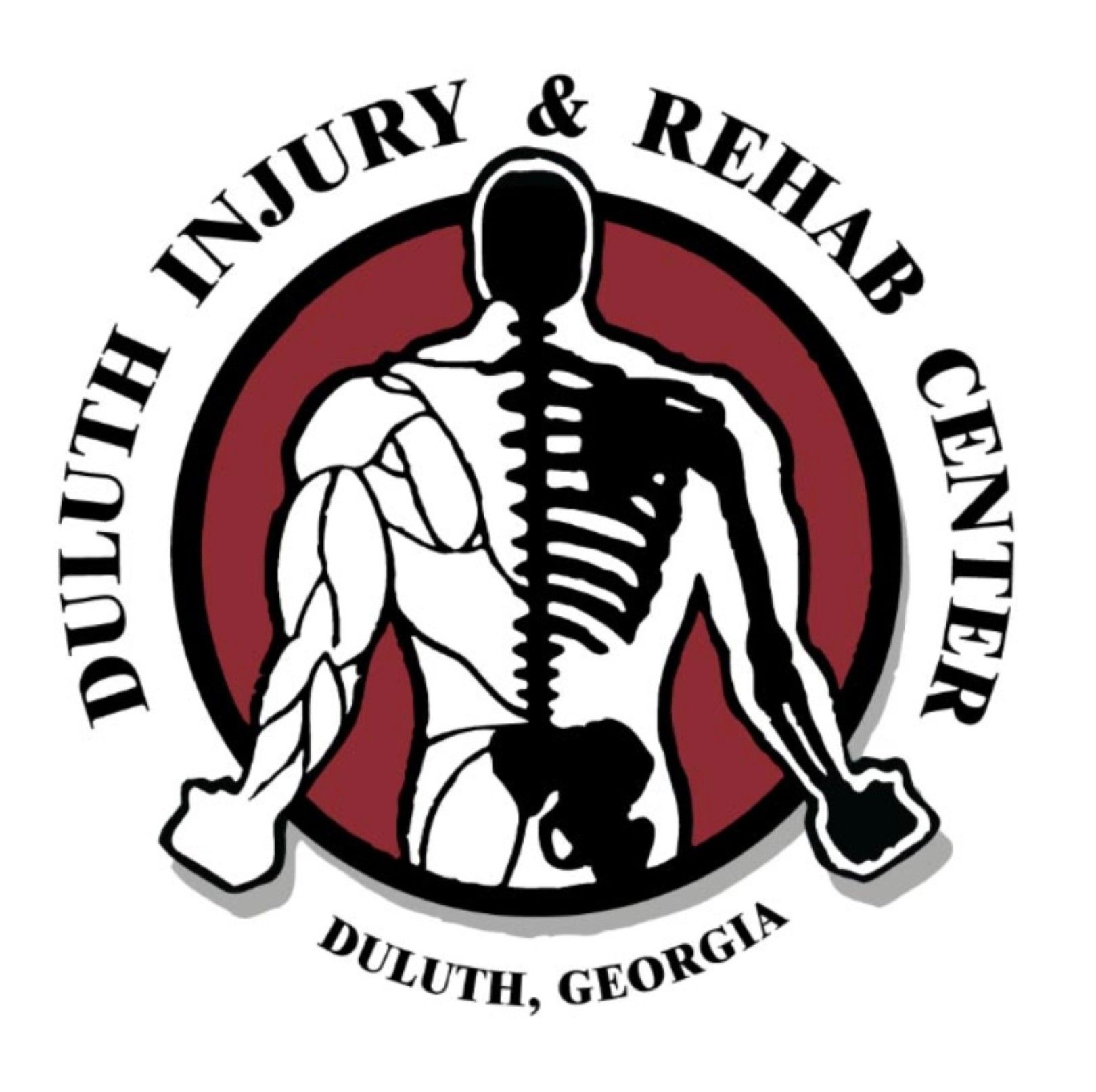 Logo of duluth injury & rehab center featuring a muscular figure with exposed skeletal structure, enclosed within a circular red and black border with the center's name and location.